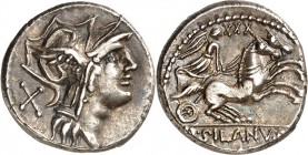 RÖMISCHE REPUBLIK : Silbermünzen. 
Decimus Iunius Silanus Lucii filius 91 v. Chr. Denar 3,94g. Romakopf n.r.; l. X / Victoria in Biga n.r.;darüber XX...