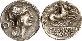 RÖMISCHE REPUBLIK : Silbermünzen. 
Decimus Iunius Silanus Lucii filius 91 v. Chr. Denar 3,32g. Romakopf n.r.; l. O / Victoria in Biga n.r.; unten D. ...