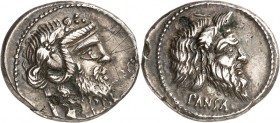 RÖMISCHE REPUBLIK : Silbermünzen. 
Gaius Vibius Gaii filius Pansa 90 v. Chr. Denar 3,46g. PANSA unter Maske des Pan / C.VIBIVS.C.F. unter Maske des S...