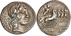 RÖMISCHE REPUBLIK : Silbermünzen. 
Gaius Vibius Gaii filius Pansa 90 v. Chr. Denar 3,85g. PANSA hinter belorb. schmalen Kopf des Apollo n. r., davor ...
