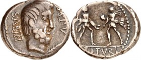 RÖMISCHE REPUBLIK : Silbermünzen. 
Lucius Titurius Lucii filius Sabinus 89 v. Chr. Denar 3,78g. Kopf der Tatius n.r. SABIN dahinter, A PV und Palmzwe...
