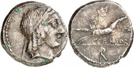RÖMISCHE REPUBLIK : Silbermünzen. 
Gaius Marcius Censorinus 88 v. Chr. Denar 3,65g. Kopf des Apollo n.r. / Pferd galoppiert n.r. C. CENSOR(I) darunte...