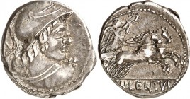 RÖMISCHE REPUBLIK : Silbermünzen. 
Gnaeus Lentulus Clodianus 88 v. Chr. Denar 4,17g. Büste des Mars, mit Helm, Lanze und Schildgurt, n.r. / Victoria ...