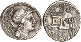 RÖMISCHE REPUBLIK : Silbermünzen. 
Lucius Rubrius Dossenus 87 v. Chr. Denar 3,81g. Kopf der Minerva mit Aegis und Helm n.r.; dahinter DOS / Triumphal...