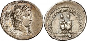 RÖMISCHE REPUBLIK : Silbermünzen. 
Mnaeus Fonteius Gaii filius 85 v. Chr. Denar 3,83g. Apollokopf n.r.; unten Fulmen; r. Romagramm MN. FONTEI C. F (M...