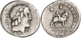 RÖMISCHE REPUBLIK : Silbermünzen. 
Mnaeus Fonteius Gaii filius 85 v. Chr. Denar 3,76g. Belorb. Kopf des jugendl. Jupiter n. r., raunter Blitzstrahl, ...