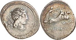 RÖMISCHE REPUBLIK : Silbermünzen. 
Lucius Iulius Bursio 85 v. Chr. Denar 3,83g. Büste des Genius (oder Apollo Veiovis), m. Flügel-Lkr. u. Dreizack, n...