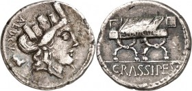 RÖMISCHE REPUBLIK : Silbermünzen. 
Publius Furius Crassipes, Aedilis curulis 84 v. Chr. Denar 3,82g. Kopf der Kybele mit Mauerkrone n.r.; dahinter Kl...