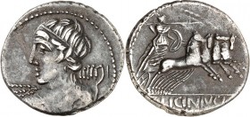 RÖMISCHE REPUBLIK : Silbermünzen. 
Gaius Licinius Lucii filius Macer 84 v. Chr. Denar 3,79g. Veiovisbüste n.l. / C. LICINIVS[. L. F. - MACER Minerva ...