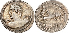 RÖMISCHE REPUBLIK : Silbermünzen. 
Gaius Licinius Lucii filius Macer 84 v. Chr. Denar 3,88g. Veiovisbüste n.l. / C. LICINIVS. L. F. - MACER Minerva i...