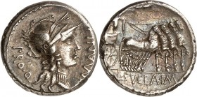 RÖMISCHE REPUBLIK : Silbermünzen. 
Lucius Manlius Torquatus, Proquaestor 81 v. Chr. Denar 3,87g. Romakopf n.r. L. MANLI - PRO Q / Sulla, von heran fl...
