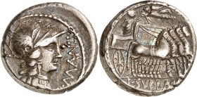 RÖMISCHE REPUBLIK : Silbermünzen. 
Lucius Manlius Torquatus, Proquaestor 81 v. Chr. Denar 3,94g. Kopf der Roma mit Flügelhelm n.r. L MANLI - PRO Q / ...