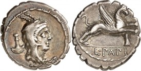 RÖMISCHE REPUBLIK : Silbermünzen. 
Lucius Papius 79 v. Chr. Denar (serratus) 3,84g. Kopf der Juno Sospita im Ziegenfell n. r., dahinter Schwert / Gre...