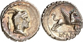 RÖMISCHE REPUBLIK : Silbermünzen. 
Lucius Papius 79 v. Chr. Denar (serratus) 3,83g. Kopf der Juno Sospita im Ziegenfell n. r., dahinter Doppelaxt / G...