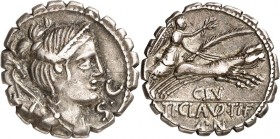 RÖMISCHE REPUBLIK : Silbermünzen. 
Tiberius Claudius Tiberii filius Appii nepos Nero 79 v. Chr. Denar (serratus) (Rs.-Stempel 155) 3,90g, Rom. Büste ...