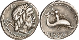 RÖMISCHE REPUBLIK : Silbermünzen. 
Lucius Lucretius Trio 76 v. Chr. Denar (Vs.-Stempel 20) 3,91g. Kopf des Neptunus mit Lorbeerkranz und Dreizack n.r...