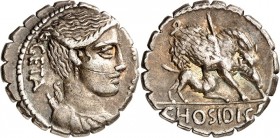RÖMISCHE REPUBLIK : Silbermünzen. 
Gaius Hosidius Gaii filius Geta 68 v. Chr. Denar (serratus) 3,99g. Dianabüste in Palla, mit Bogen und Köcher, n.r....