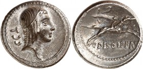 RÖMISCHE REPUBLIK : Silbermünzen. 
Lucius Calpurnius Piso Gaii filius Frugi 67 v. Chr. Denar 3,63g. Kopf des Apollo mit Taenie n. r., dahinter T CC (...