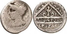 RÖMISCHE REPUBLIK : Silbermünzen. 
Marcus Plaetorius Marci filius Cestianus, Aed.cur. 67 v. Chr. Denar 3,40g. Weibliche Büste n.l. / Monster mit Schl...