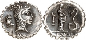 RÖMISCHE REPUBLIK : Silbermünzen. 
Lucius Roscius Fabatus 64 v. Chr. Denar (serratus) 3,71g. Sospitakopf n.r.; l. Beiz.; unten L. ROSCI / FABATI Mädc...