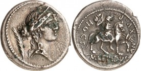 RÖMISCHE REPUBLIK : Silbermünzen. 
Marcus Aemilius Lepidus 61 v. Chr. Denar 3,00g. Weibl. Kopf mit Lorbeer-Diadem n.r.; l. Palmzweig / Equus Marci Ae...