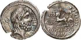 RÖMISCHE REPUBLIK : Silbermünzen. 
Publius Plautius Hypsaeus 60 v. Chr. Denar 3,59g. Kopf des Neptun n.r., dahinter Dreizack, davor P VPSAE S C / C V...
