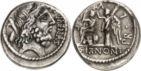 RÖMISCHE REPUBLIK : Silbermünzen. 
Marcus Nonius Sufenas 59 v. Chr. Denar 2,60g. Saturnkopf n.r.; l. Harpa u. Stein SVFENAS - S.C / Victoria bekränzt...