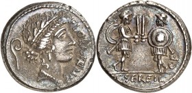 RÖMISCHE REPUBLIK : Silbermünzen. 
Gaius Serveilus Gaii filius 57 v. Chr. Denar 4,05g. Kopf der Flora mit Blütenkranz n.r.; dahinter Lituus; davor FL...