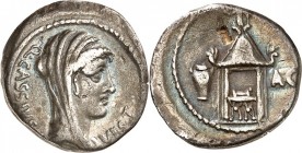 RÖMISCHE REPUBLIK : Silbermünzen. 
Quintus Cassius Longinus 55 v. Chr. Denar 3,38g. Verschleierter Kopf der Vesta n.r. VEST - Q. CASSIVS / Vestatempe...