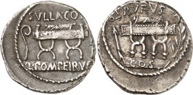 RÖMISCHE REPUBLIK : Silbermünzen. 
Quintus Pompeius Rufus 54 v. Chr. Denar 3,40g, Rom. Sella curulis mit Pulvinar zw. Pfeil u. Lorbeerzweig Q. POMPEI...