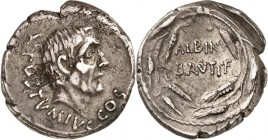 RÖMISCHE REPUBLIK : Silbermünzen. 
Decimus Postumius Brutus Albinus Bruti filius 48 v. Chr. Denar 3,76g. Kopf des Konsuls Aulus Postumius Albinus n.r...