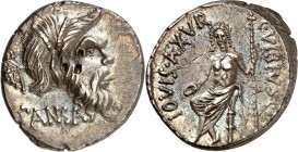 RÖMISCHE REPUBLIK : Silbermünzen. 
Gaius Vibius Gaii fil. Gaii ne. Pansa Caetronianus 48 v. Chr. Denar 3,74g. Panmaske n.r.; unten PANSA / [C.] VIBIV...