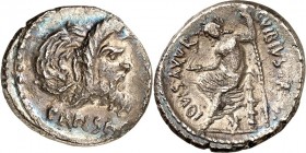 RÖMISCHE REPUBLIK : Silbermünzen. 
Gaius Vibius Gaii fil. Gaii ne. Pansa Caetronianus 48 v. Chr. Denar 3,47g. Panmaske n.r.; unten PANSA / C. VIBIVS....