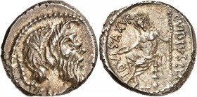 RÖMISCHE REPUBLIK : Silbermünzen. 
Gaius Vibius Gaii fil. Gaii ne. Pansa Caetronianus 48 v. Chr. Denar 4,09g. PANSA unter Maske des Pan n. r., dahint...