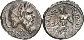 RÖMISCHE REPUBLIK : Silbermünzen. 
Gaius Vibius Gaii fil. Gaii ne. Pansa Caetronianus 48 v. Chr. Denar 3,71g. PANSA unter Maske des Pan n. r., dahint...