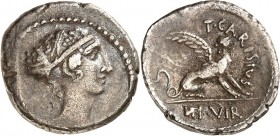 RÖMISCHE REPUBLIK : Silbermünzen. 
Titus Carisius 46 v. Chr. Denar 3,84g. Kopf der aphrodisischen Sibylle mit Haarband n.r. / T CARI SIVS / III VIR S...