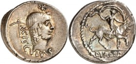 RÖMISCHE REPUBLIK : Silbermünzen. 
Lucius Valerius Acisculus 45 v. Chr. Denar 3,84g, Rom. Apollokopf mit Diadem n.r.; oben Stern; l. Spitzhacke ("aci...