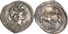 RÖMISCHE REPUBLIK : Silbermünzen. 
Lucius Papius Celsus 45 v. Chr. Denar 3,81g. Triumpuskopf n.r.; L. Tropaeum TRIVMPVS / L PAPIVS - CELSVS. III.VIR ...