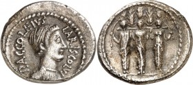 RÖMISCHE REPUBLIK : Silbermünzen. 
Publius Accoleius Lariscolus 43 v. Chr. Denar 2,36g. Pallabüste d. Diana Nemorensis n.r. P ACCOLEIVS - LARISCOLVS ...
