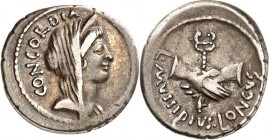 RÖMISCHE REPUBLIK : Silbermünzen. 
Lucius Mussidius Longus 42 v. Chr. Denar 4,02g. Kopf der Concordia mit Diadem, capite velato, n.r.; dahinter CONCO...
