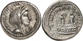 RÖMISCHE REPUBLIK : Silbermünzen. 
Lucius Mussidius Longus 42 v. Chr. Denar 2,31g. Kopf der Concordia mit Diadem, capite velato, n.r.; dahinter CONCO...