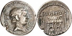 RÖMISCHE REPUBLIK : Silbermünzen. 
Lucius Livineius Regulus 42 v. Chr. Denar 3,01g. Kopf n. r. L.REGVLVS PR / REGVLVS PRAEF.VR sella curulis zwischen...