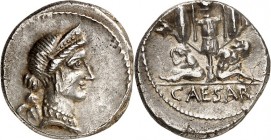 IMPERATORISCHE PRÄGUNGEN. 
GAIUS IULIUS CAESAR 100-44 v. Chr. Denar (46/45 v.Chr.) 4,05g, unbest. Mzst. in Spanien. Kopf der Venus mit Diadem und Per...