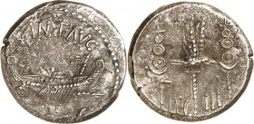 IMPERATORISCHE PRÄGUNGEN. 
MARCUS ANTONIUS 44-30 v. Chr. Denar (32/31 v.Chr.) 3,62g. Galeere n.r. ANT AVG - III VIR R P C / LEG III Aquila zwischen 2...