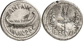 IMPERATORISCHE PRÄGUNGEN. 
MARCUS ANTONIUS 44-30 v. Chr. Denar (32/31 v.Chr.) 3,46g, mobile Mzst. des Marcus Antonius in Patrai / Cercyra. Galeere n....