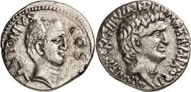 IMPERATORISCHE PRÄGUNGEN. 
MARCUS ANTONIUS und "CAESAR" (Augustus) 44-31 v. Chr. Denar (41 v.Chr.) 3,55g. Kopf des Marcus Antonius n.r. M ANT IMP AVG...