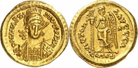OSTROGOTEN in ITALIEN. 
THEODERICH der Große 493-526. Solidus (518/527) 4,40g, Rom, im Namen des Anastasius. Panzerbüste m. Helm, Perlendiadem, Reite...