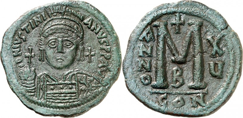 BYZANZ. 
IUSTINIANUS I. 527-565. AE-Follis 38/39mm ("15"= 541/542) 21,81g, Kons...