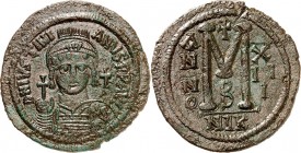 BYZANZ. 
IUSTINIANUS I. 527-565. AE-Follis 41/42mm ("13"= 539/540) 22,26g, Nicomedia, 2. Off. Helmbüste v.v. D N IVSTINI-ANVS PP AVC / Wert M zw. ANN...
