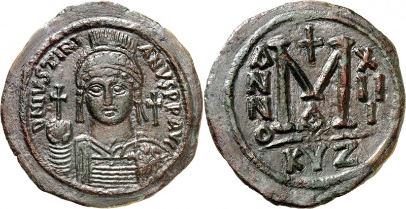 BYZANZ. 
IUSTINIANUS I. 527-565. AE-Follis 43/42mm ("13"= 539/540) 20,45g, Cyci...